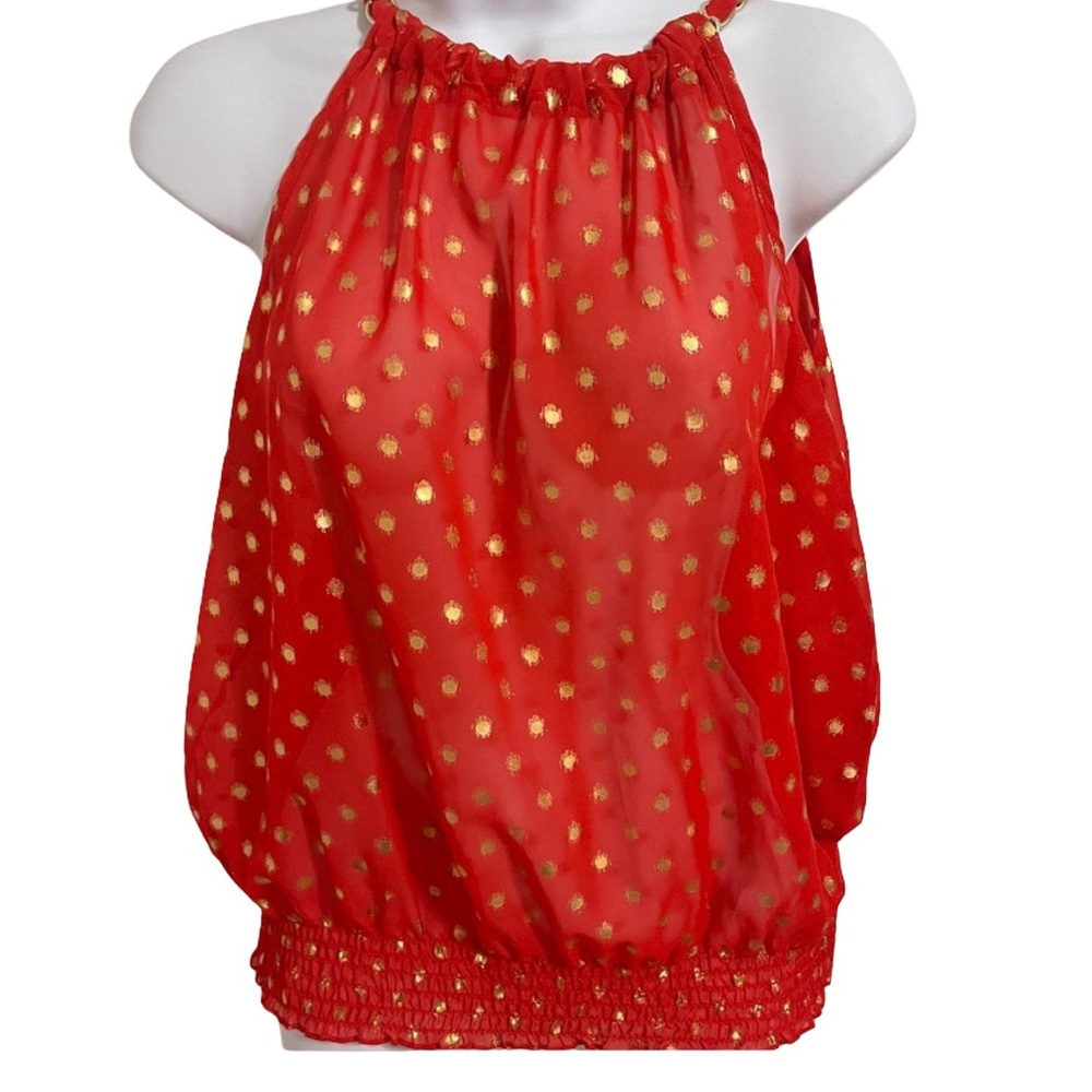 Beautiful red with gold polka dots sheer sleeveless top M(7-9)